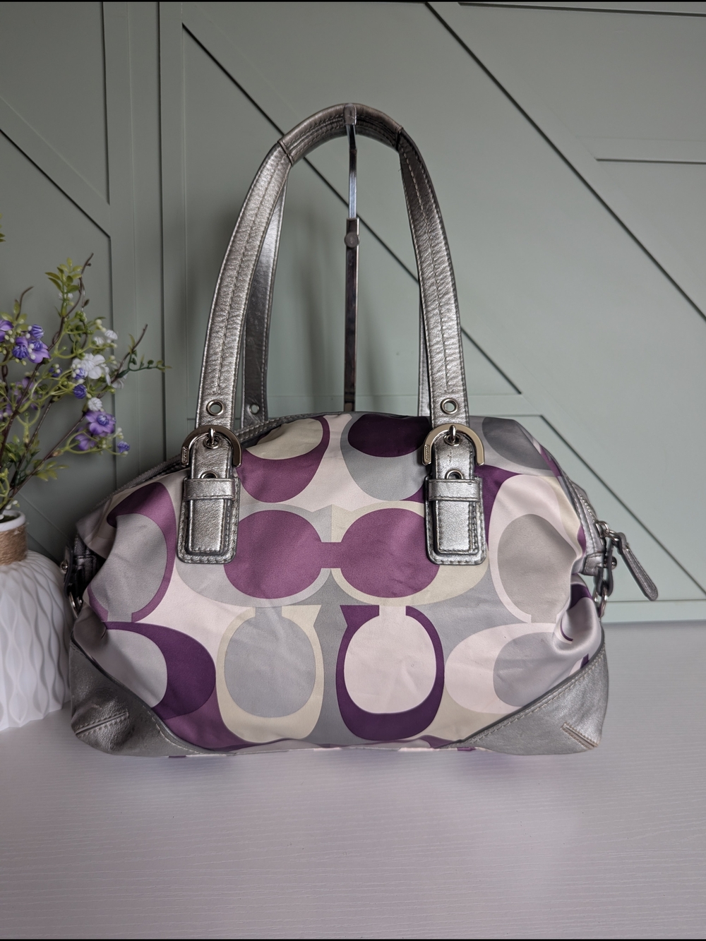 Coach Purple Signature Canvas Satchel with Silver Leather Trim - Picture 4 of 10